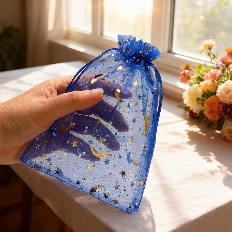 SUNGULF 100Pcs 5x7 Inches Sheer Drawstring Organza Bags Stars and Moon Wedding Party Favor Jewelry Candy Gift Pouches (Blue) - Image 5